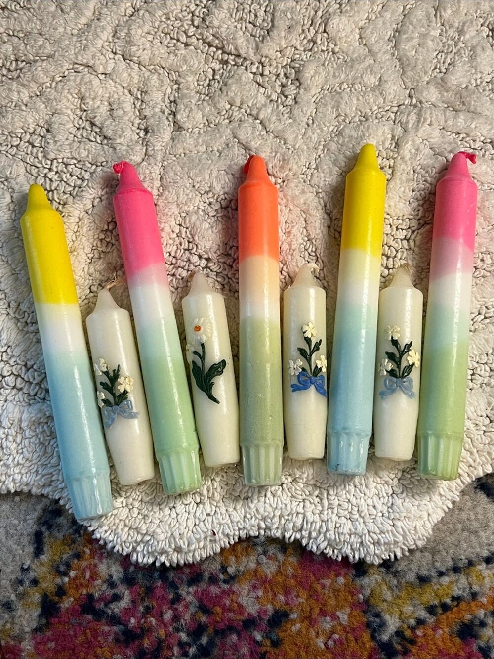 Lot of 9 - Free People (5) Vintage Floral (4) Colorful Taper Candles